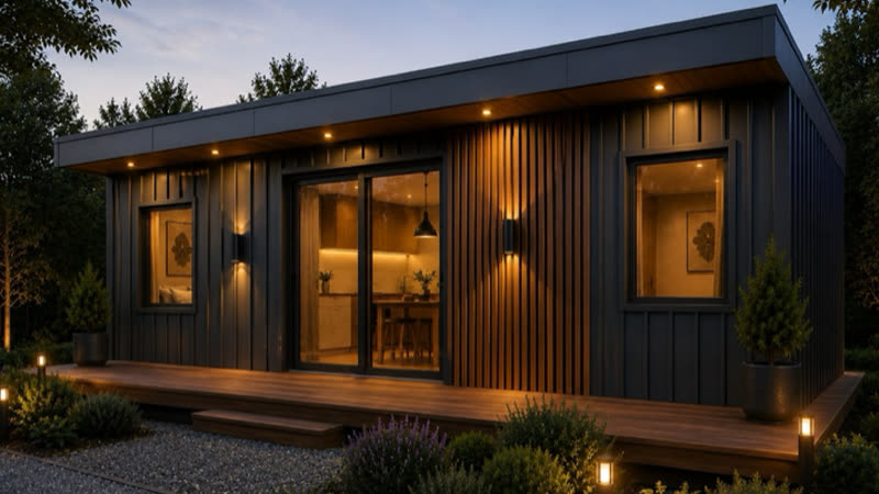 Render de la casa modular de 2 habitaciones con deck de madera